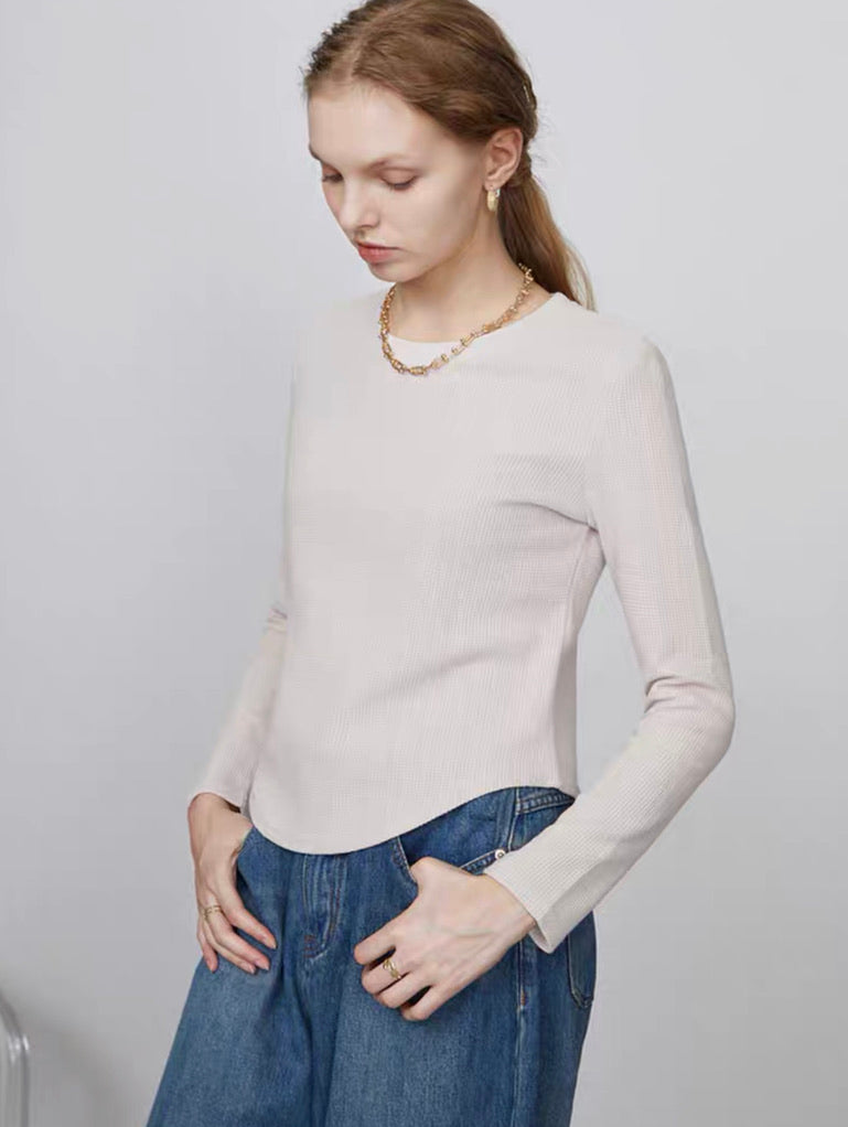 Waffle Knit Curved Hem Top in Cream