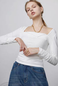 Side Shirring Tie Long Sleeve Top in White