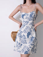 Load image into Gallery viewer, Grapevine Floral Tie Strap Mini Dress in White/Blue
