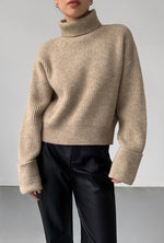 Load image into Gallery viewer, Roll Over Turtleneck Ribbed Sweater - Latte
