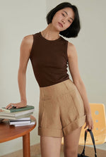 Load image into Gallery viewer, Tencel Blend Crepe Cuff Shorts in Latte
