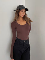 Load image into Gallery viewer, Classic U Neck Ribbed Long Sleeve Top - Brown
