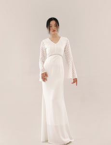 Calais Flute Lace Sleeve Maxi Dress in White