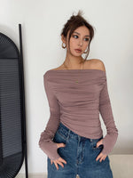 Load image into Gallery viewer, Off Shoulder Shirring Long Sleeve Top - Dusty Pink
