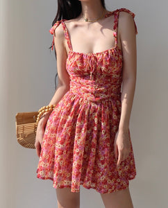 Zonal Floral Tie Strap Mini Dress in Red