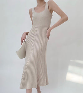 Tank Knitted Ribbed Midi Dress in Beige