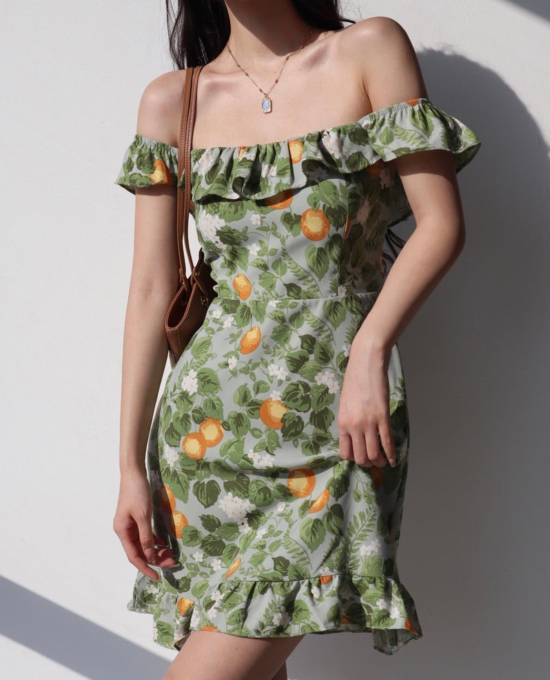 Citrus 2-way Off Shoulder Floral Mini Dress in Green