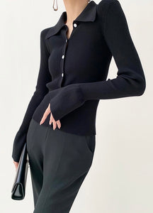 Collar Contrast Button Long Sleeve Knit Top