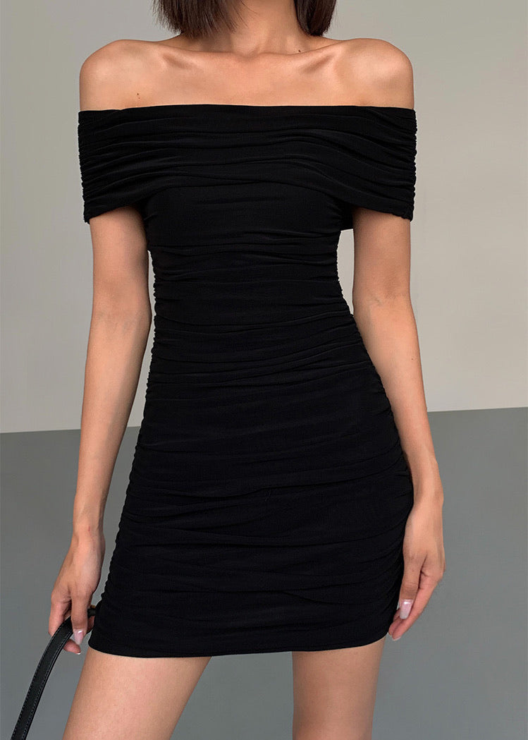 Off Shoulder Shirring Mini Bodycon Dress in Black