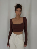 Load image into Gallery viewer, Wide Neck Cropped Long Sleeve Top - Brown
