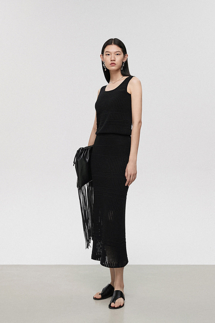 Knitted Net H-Line Skirt in Black