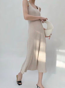 Tank Knitted Ribbed Midi Dress in Beige