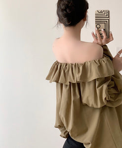 Off Shoulder Bubble Gathered Top in Khaki
