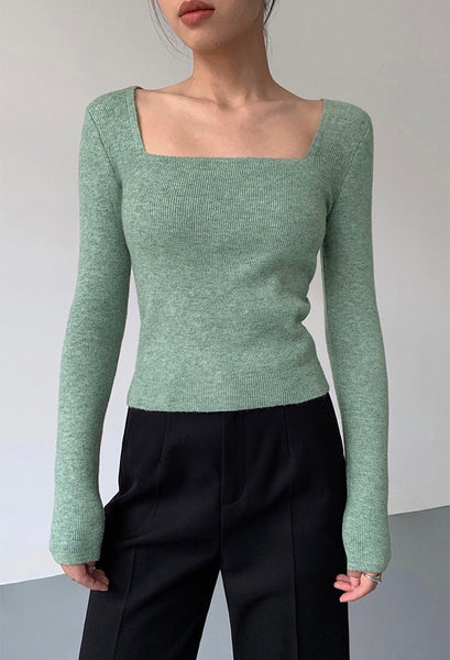 Wide Square Neck Melange Knit Top in Green – LEXI + LOU