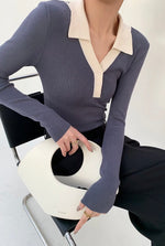 Load image into Gallery viewer, Contrast Collar Polo Knit Top
