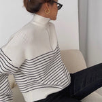 Load image into Gallery viewer, Half Zip Striped Ribbed Sweater in White
