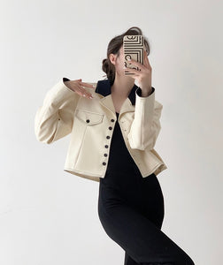 Contrast Boxy Stitching Jacket in Cream