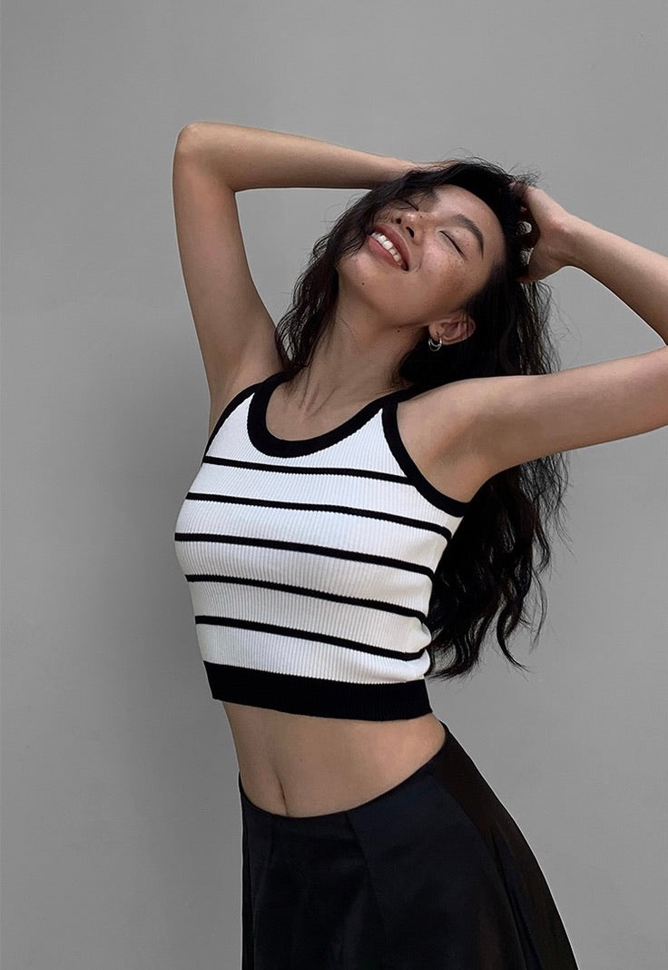 Contrast Striped Cropped Tank Top in White