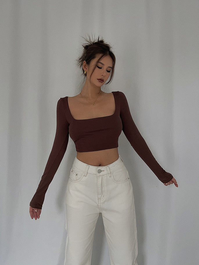 Wide Neck Cropped Long Sleeve Top - Brown