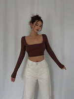 Load image into Gallery viewer, Wide Neck Cropped Long Sleeve Top - Brown
