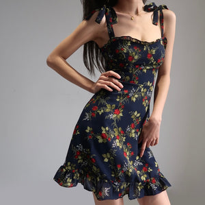 Foliage Floral Tie Strap Cami Mini Dress in Black