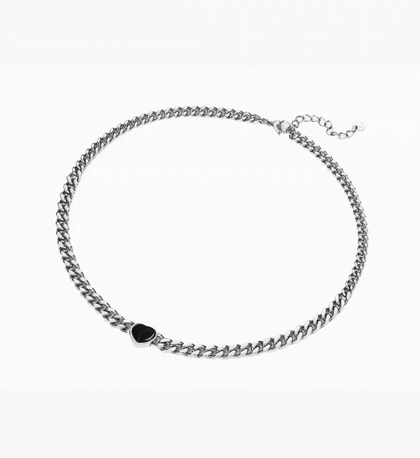Silver Black Heart Curb Chain Necklace