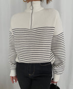 Load image into Gallery viewer, Half Zip Striped Ribbed Sweater in White
