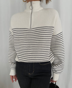 Half Zip Striped Ribbed Sweater in White