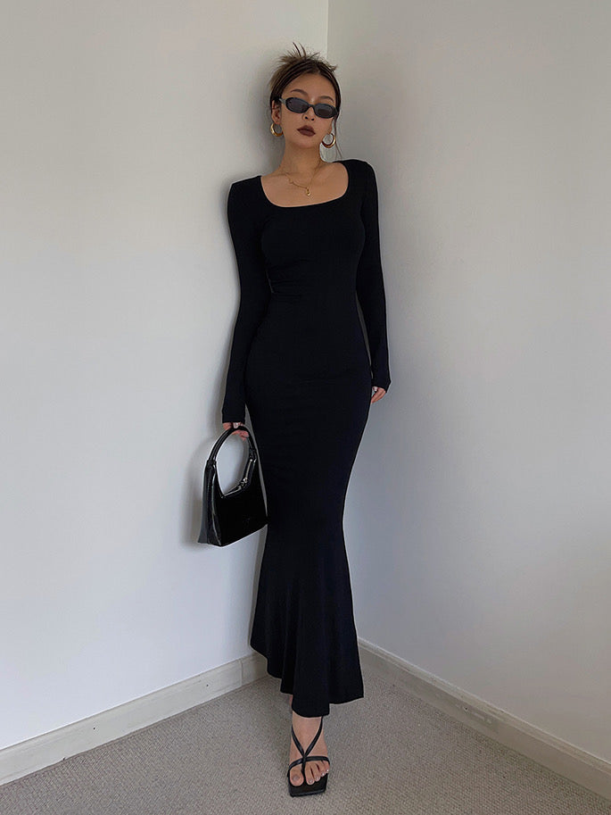 Wide Neck Long Sleeve Mermaid Maxi Dress - Black