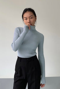 Ribbed Foldover Turtleneck Top in Blue