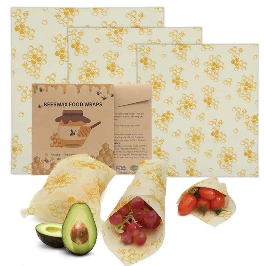 Set of 3 Organic Cotton Beeswax Wraps + String Tie - Honeycomb