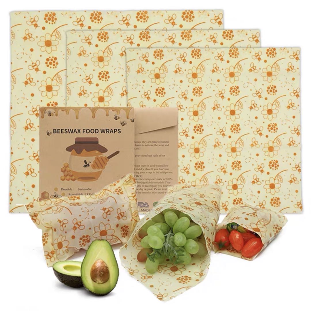 Set of 3 Organic Cotton Beeswax Wraps + String Tie - Busybee