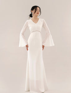 Calais Flute Lace Sleeve Maxi Dress in White