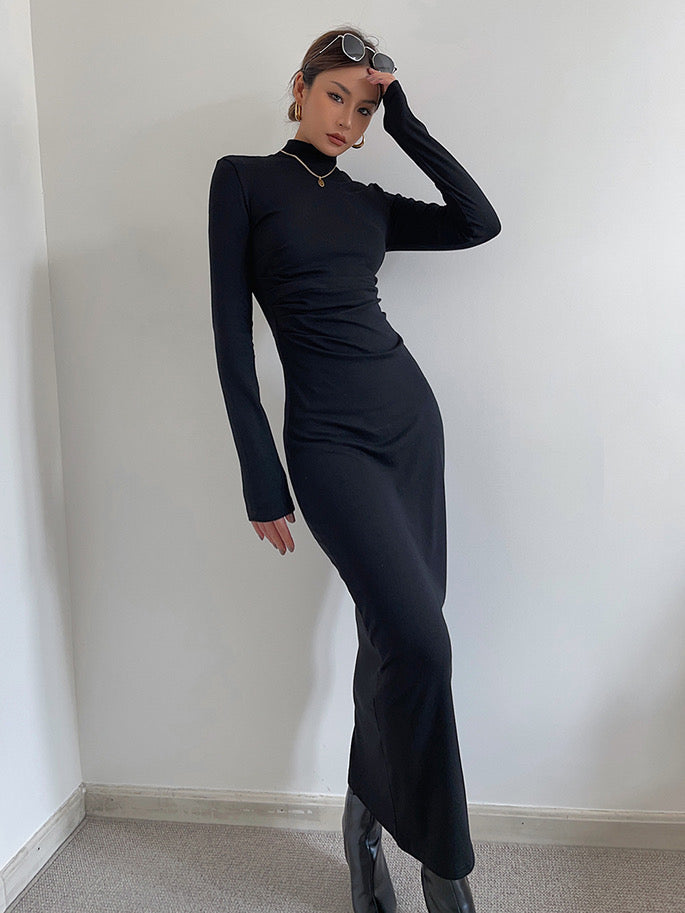 High Neck Bodycon Long Sleeve Maxi Dress - Black