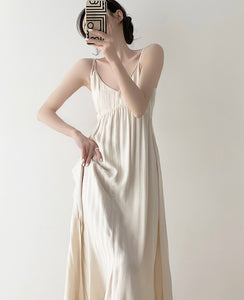 Mono Stripe Double Strap Satin Dress in Cream