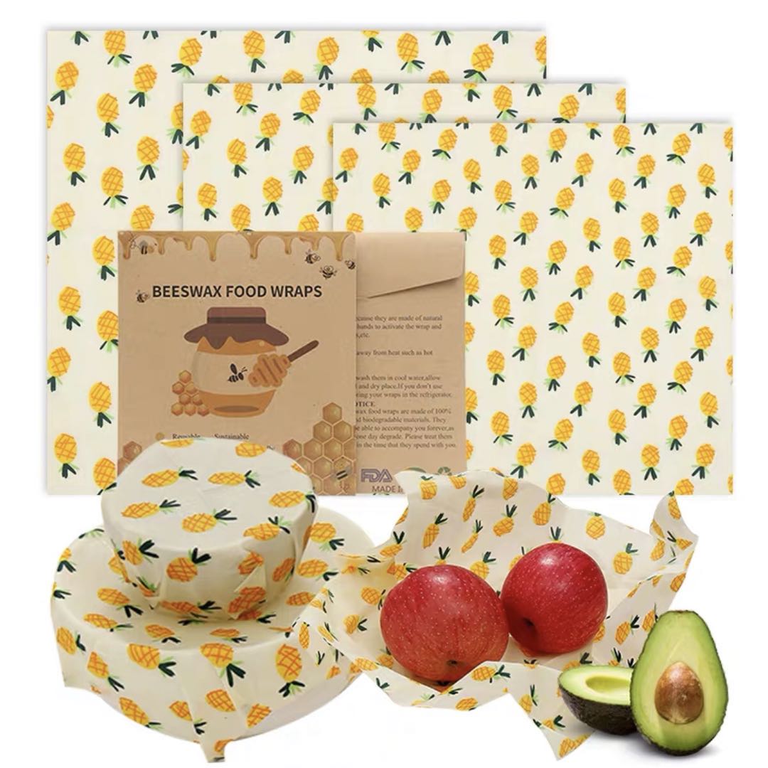 Set of 3 Organic Cotton Beeswax Wraps + String Tie - Poppin Pineapples