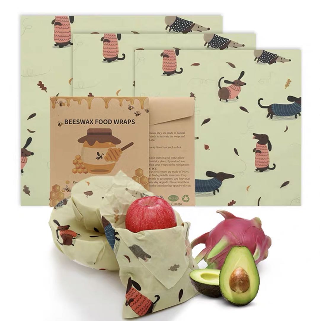 Set of 3 Organic Cotton Beeswax Wraps + String Tie - Puppy Love