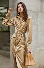 Load image into Gallery viewer, Maja Satin Shirt Dress - Champagne
