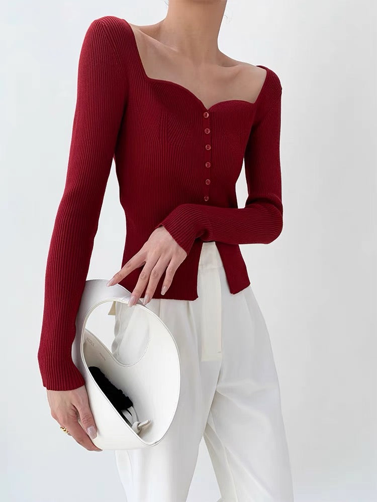 Bustier Button Slit Knit Top - Red
