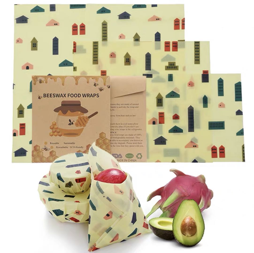 Set of 3 Organic Cotton Beeswax Wraps + String Tie - Town Houses