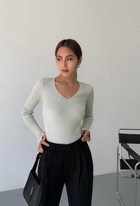 Classic V Ribbed Long Sleeve Top - Sage