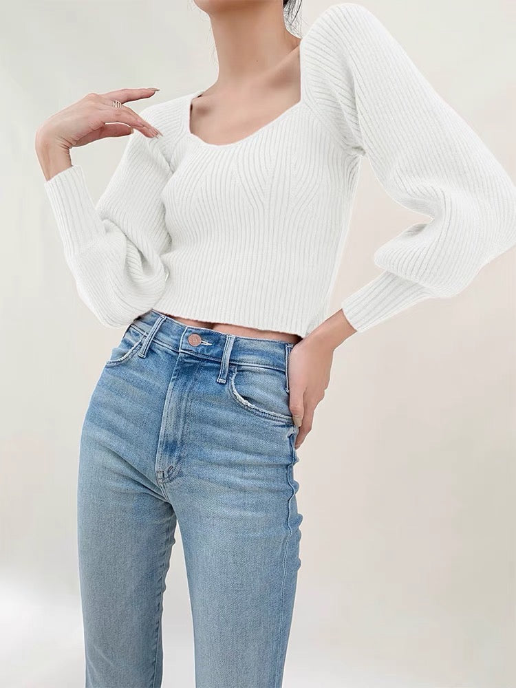 Sweetheart Cropped Knit Sleeve Top - White