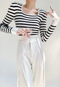Square Neck Striped Ribbed Top