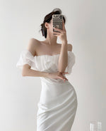 Load image into Gallery viewer, Symi White Off Shoulder Ruffle Shift Dress
