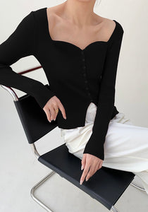 Bustier Button Slit Knit Top - Black