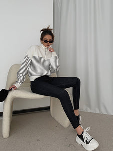Half Zip Striped Ribbed Sweater in White
