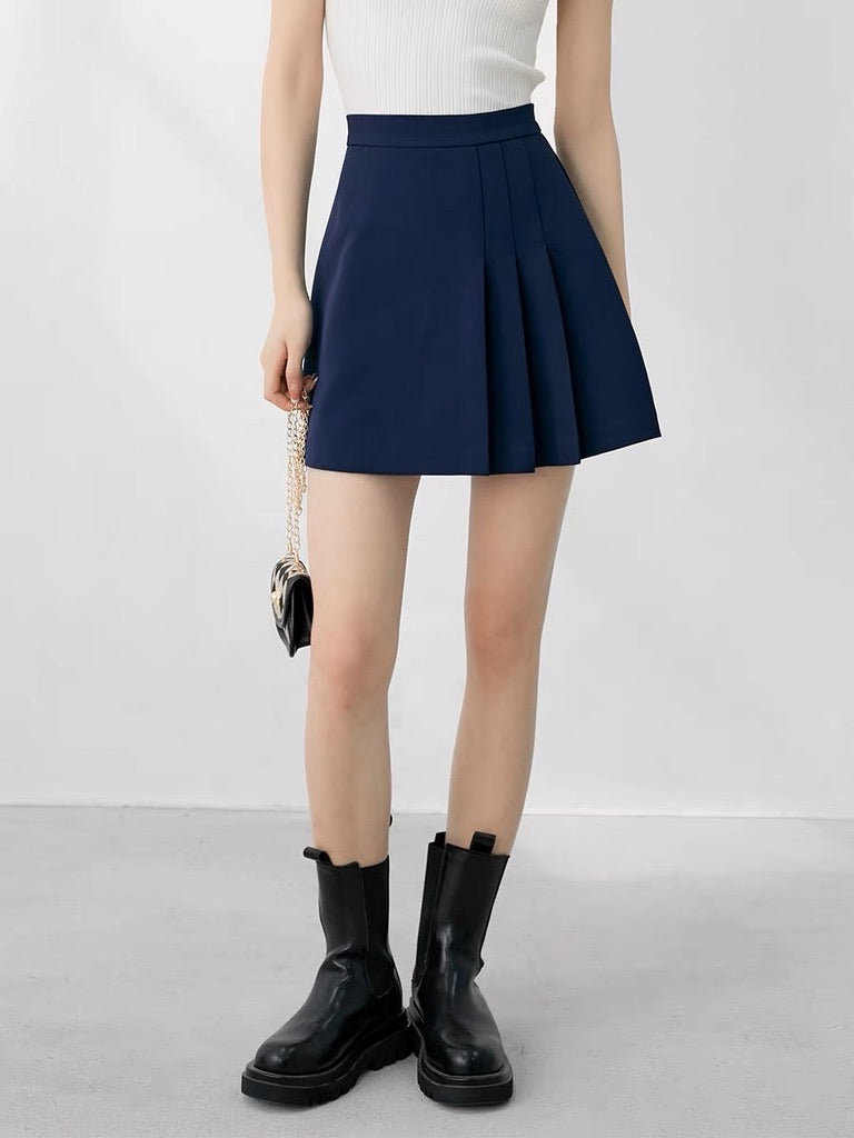 Side Pleat A-Line Mini Skirt in Navy