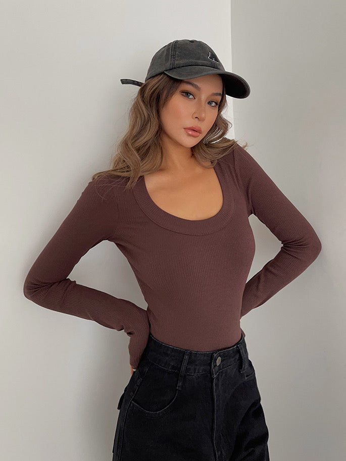 Classic U Neck Ribbed Long Sleeve Top - Brown