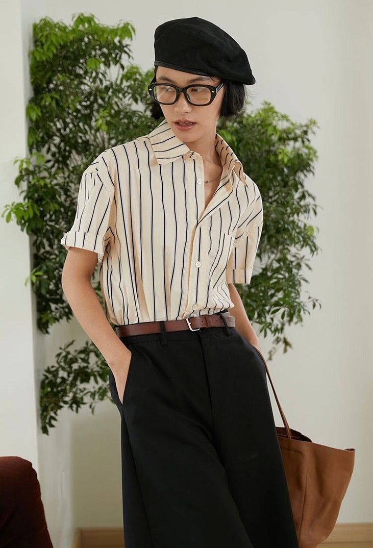 Oversized Vintage Striped Short Sleeve Shirt in Cream