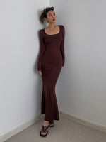 Load image into Gallery viewer, Wide Neck Long Sleeve Mermaid Maxi Dress - Brown
